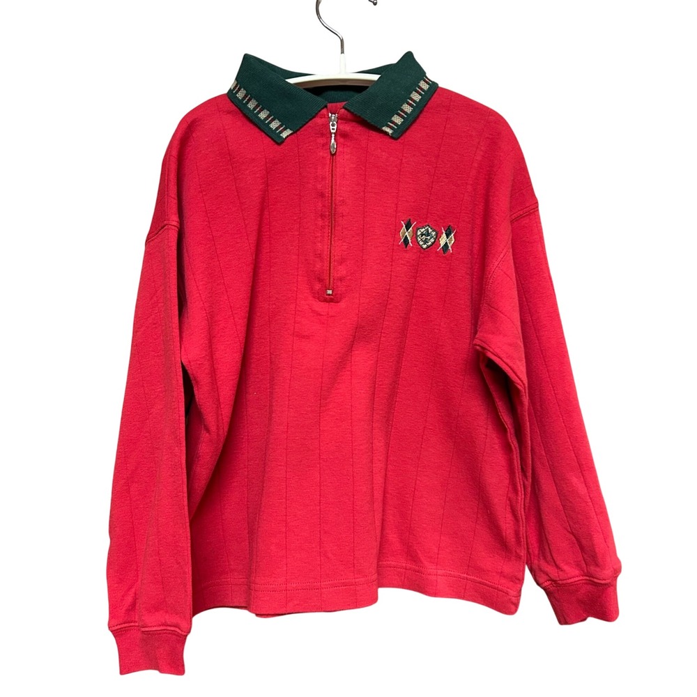 TFW Kidz Pullover Shirt Kids Medium Red Quarter Zip Vintage Cotton Ribbed Crest